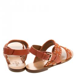 Pre Owned Valentino Orange Embellished Suede Flat Sandals Size 38