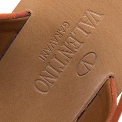 Pre Owned Valentino Orange Embellished Suede Flat Sandals Size 38