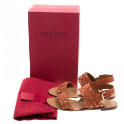 Pre Owned Valentino Orange Embellished Suede Flat Sandals Size 38