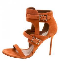 Pre Owned Valentino Orange Suede Buckle Detail Ankle Wrap Sandals Size 39.5