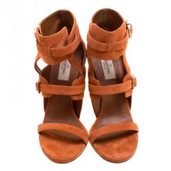 Pre Owned Valentino Orange Suede Buckle Detail Ankle Wrap Sandals Size 39.5