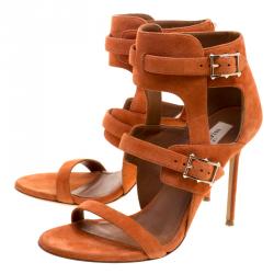 Pre Owned Valentino Orange Suede Buckle Detail Ankle Wrap Sandals Size 39.5