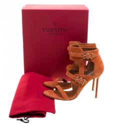 Pre Owned Valentino Orange Suede Buckle Detail Ankle Wrap Sandals Size 39.5