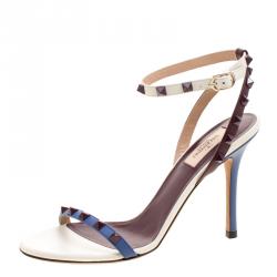 Pre Owned Valentino Tricolor Leather Rockstud Ankle Strap Sandals Size 38
