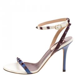 Pre Owned Valentino Tricolor Leather Rockstud Ankle Strap Sandals Size 38