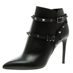 Pre Owned Valentino Black Leather Rockstud Pointed Toe Ankle Boots Size 39