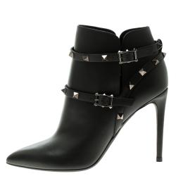 Pre Owned Valentino Black Leather Rockstud Pointed Toe Ankle Boots Size 39
