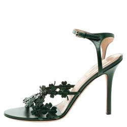 Pre Owned Valentino Green Leather Four Leaf Clover Appliquè Ankle Strap Sandals Size 40