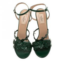 Pre Owned Valentino Green Leather Four Leaf Clover Appliquè Ankle Strap Sandals Size 40