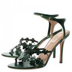 Pre Owned Valentino Green Leather Four Leaf Clover Appliquè Ankle Strap Sandals Size 40