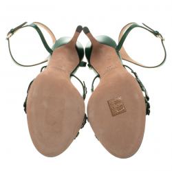 Pre Owned Valentino Green Leather Four Leaf Clover Appliquè Ankle Strap Sandals Size 40