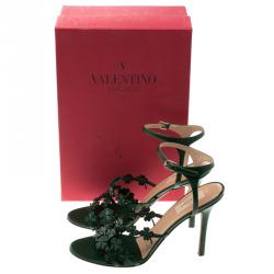 Pre Owned Valentino Green Leather Four Leaf Clover Appliquè Ankle Strap Sandals Size 40