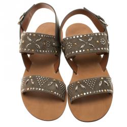 Pre Owned Valentino Grey Embellished Suede Flat Sandals Size 39.5