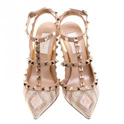 Pre Owned Valentino Native Couture 1975 Print Leather Crystal Embellshed Rockstud Sandals Size 36.5