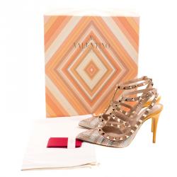 Pre Owned Valentino Native Couture 1975 Print Leather Crystal Embellshed Rockstud Sandals Size 36.5