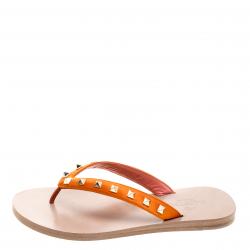 Pre Owned Valentino Orange Satin Rockstud Flat Thong Sandals Size 38