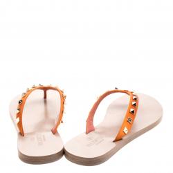 Pre Owned Valentino Orange Satin Rockstud Flat Thong Sandals Size 38