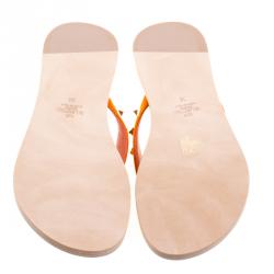 Pre Owned Valentino Orange Satin Rockstud Flat Thong Sandals Size 38