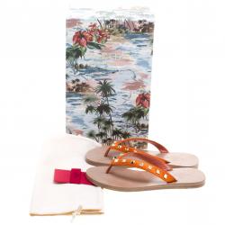 Pre Owned Valentino Orange Satin Rockstud Flat Thong Sandals Size 38