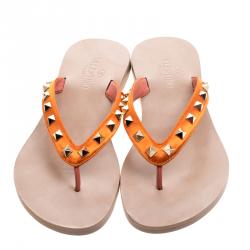 Pre Owned Valentino Orange Satin Rockstud Flat Thong Sandals Size 37