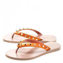 Pre Owned Valentino Orange Satin Rockstud Flat Thong Sandals Size 37