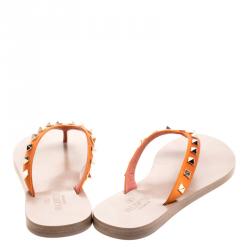 Pre Owned Valentino Orange Satin Rockstud Flat Thong Sandals Size 37