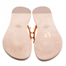 Pre Owned Valentino Orange Satin Rockstud Flat Thong Sandals Size 37