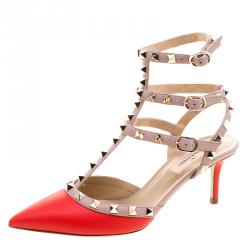 Pre Owned Valentino Red and Beige Leather Rockstud Sandals Size 37
