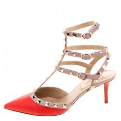 Pre Owned Valentino Red and Beige Leather Rockstud Sandals Size 37