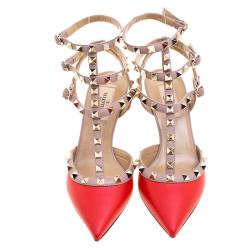 Pre Owned Valentino Red and Beige Leather Rockstud Sandals Size 37