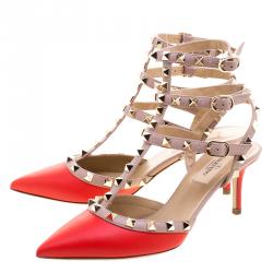 Pre Owned Valentino Red and Beige Leather Rockstud Sandals Size 37