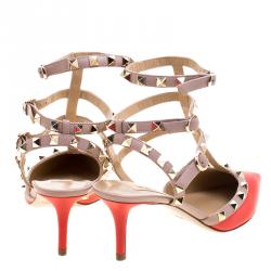 Pre Owned Valentino Red and Beige Leather Rockstud Sandals Size 37