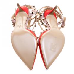 Pre Owned Valentino Red and Beige Leather Rockstud Sandals Size 37