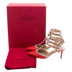 Pre Owned Valentino Red and Beige Leather Rockstud Sandals Size 37