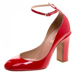 Pre Owned Valentino Red Patent Leather Ankle Strap Pumps Size 38