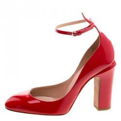 Pre Owned Valentino Red Patent Leather Ankle Strap Pumps Size 38