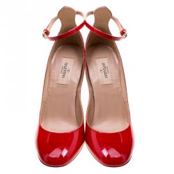 Pre Owned Valentino Red Patent Leather Ankle Strap Pumps Size 38