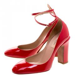 Pre Owned Valentino Red Patent Leather Ankle Strap Pumps Size 38