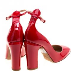 Pre Owned Valentino Red Patent Leather Ankle Strap Pumps Size 38
