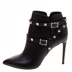 Pre Owned Valentino Black Leather Rockstud Pointed Toe Ankle Boots Size 39