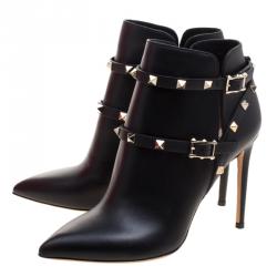 Pre Owned Valentino Black Leather Rockstud Pointed Toe Ankle Boots Size 39