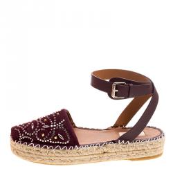 Pre Owned Valentino Burgundy Embellished Suede and Leather Ankle Strap Espadrilles Size 40