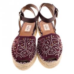 Pre Owned Valentino Burgundy Embellished Suede and Leather Ankle Strap Espadrilles Size 40