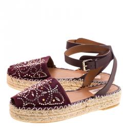 Pre Owned Valentino Burgundy Embellished Suede and Leather Ankle Strap Espadrilles Size 40