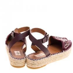 Pre Owned Valentino Burgundy Embellished Suede and Leather Ankle Strap Espadrilles Size 40