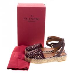 Pre Owned Valentino Burgundy Embellished Suede and Leather Ankle Strap Espadrilles Size 40