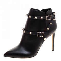 Pre Owned Valentino Black Leather Rockstud Pointed Toe Ankle Boots Size 38