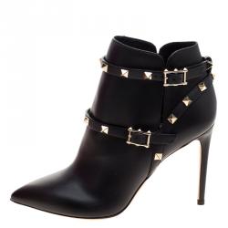 Pre Owned Valentino Black Leather Rockstud Pointed Toe Ankle Boots Size 38