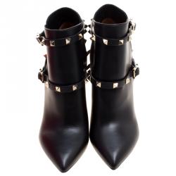 Pre Owned Valentino Black Leather Rockstud Pointed Toe Ankle Boots Size 38