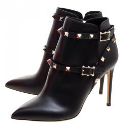 Pre Owned Valentino Black Leather Rockstud Pointed Toe Ankle Boots Size 38